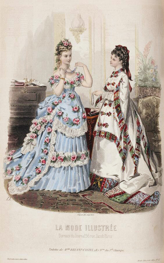 Роскошное бальное платье, в каком Матильда могла быть на балу, и нарядное дневное платье, 1872 год.